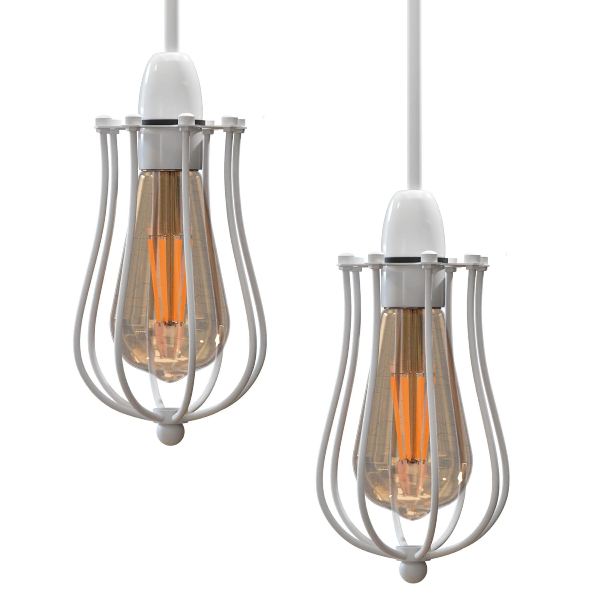 LEDSone 2 Pack White Cage Metal Basket Ceiling Light Shade 12 cm Width 18 cm Height Balloon Industrial Style Ring Light for Indoor and Metal Basket Pendant Light Shade with lamp Shade Reducer Ring
