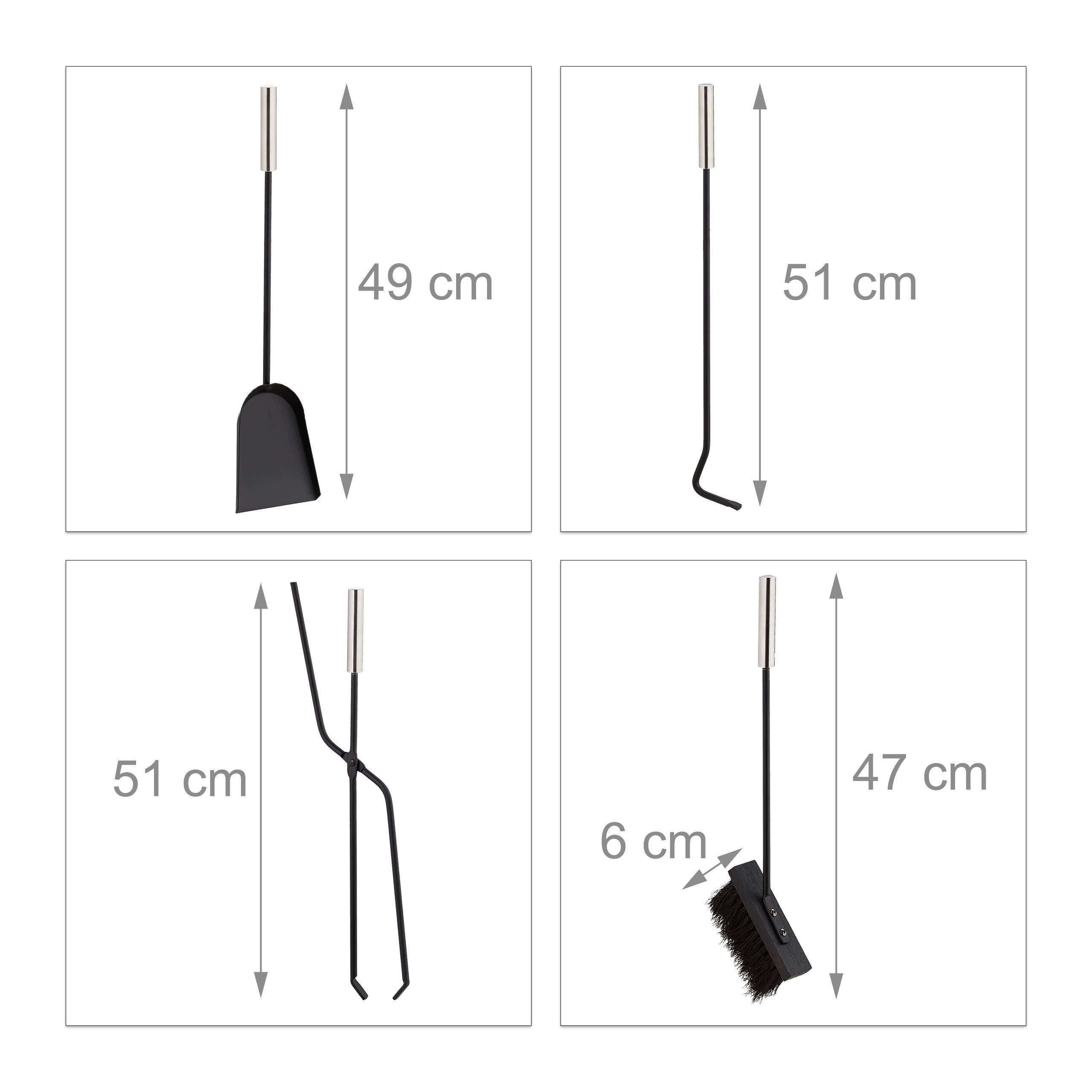 Relaxdays Accesorios Chimenea, Set de 5 Piezas, Atizador, Pala, Escoba, Pinzas y Soporte, Útiles Estufa, Gris/Plateado, Acero, 60 x 22,5 x 16 cm