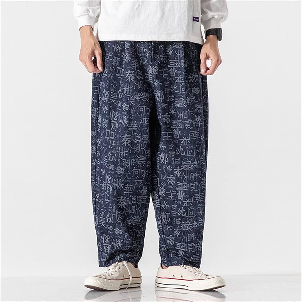 Stitching Printing Jeans Men Japanese Harajuku Long Pants Retro Plus Size Casual Fashion Fall Winter Streetwear