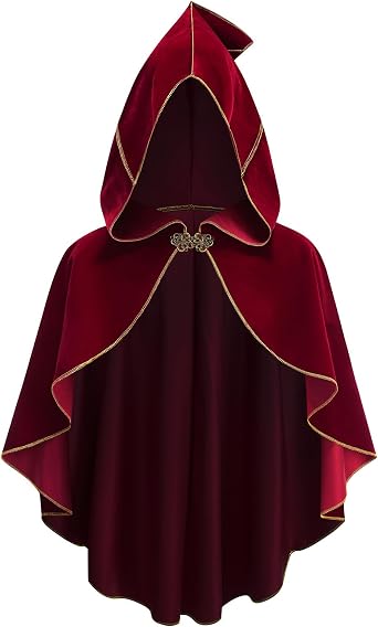 GRAJTCIN Renaissance Cloak Women Medieval Short Cape with Hood Gold Trim Victorian Hobbit Capelet Halloween Costume