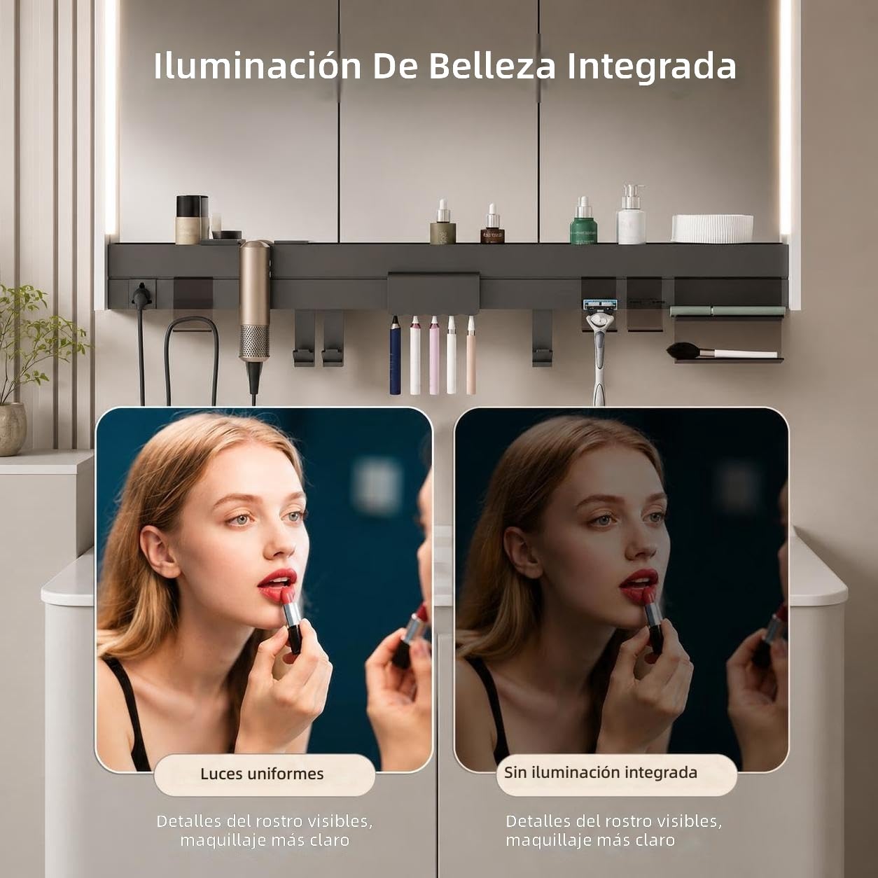 Armario con Espejo Inteligente para baño con Enchufe Integrado para secador de Pelo, Estante de Almacenamiento, Forma Redondeada, multifunción para Maquillaje