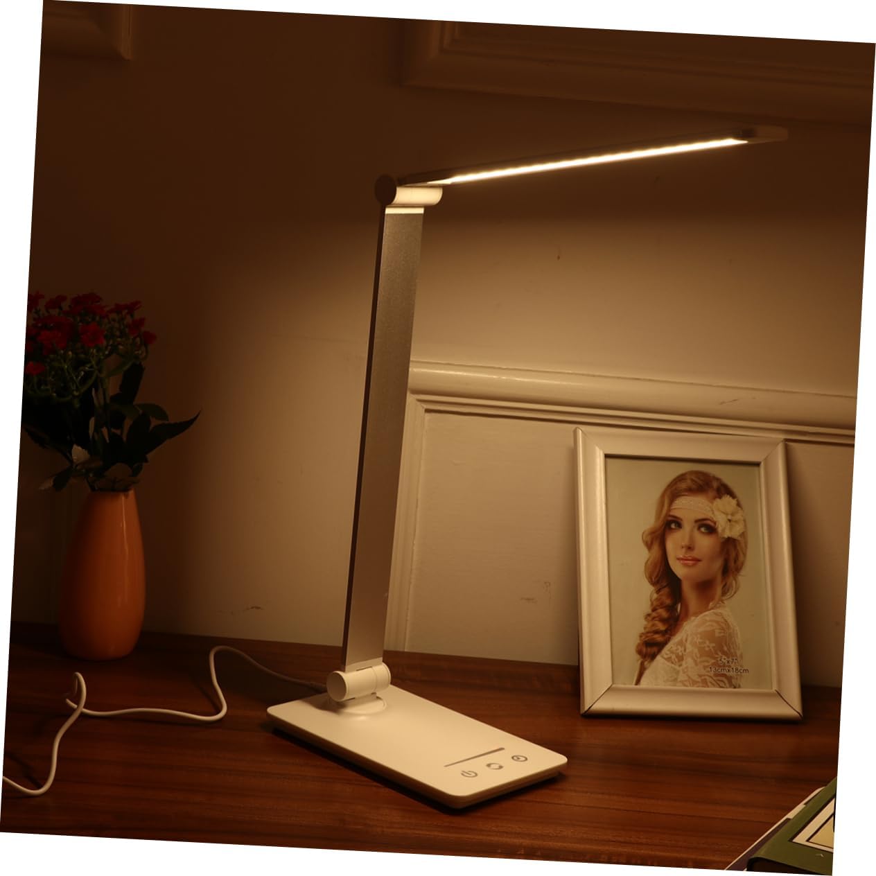 1pc Rechargeable Touch Control Led Desk Lamp Eye Brightness Modes USB Charging Flexible Design for Home Office Reading and Study Silver Finish