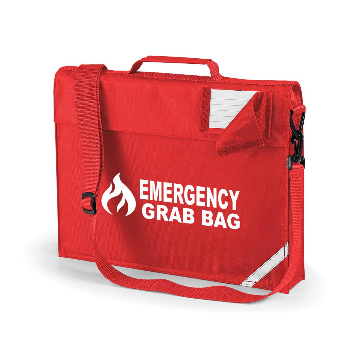 School & Workplace Evacuation Emergency Grab Bag with Flame Logo Graphic - Printed Red Emergency Documents Shoulder Strap Bag