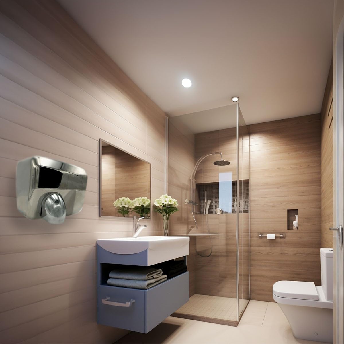 Sèche-Mains Professionnel Electrique Automatique INOX chromé a air pulsé 2300 W Anti vandalisme à tête orientable
