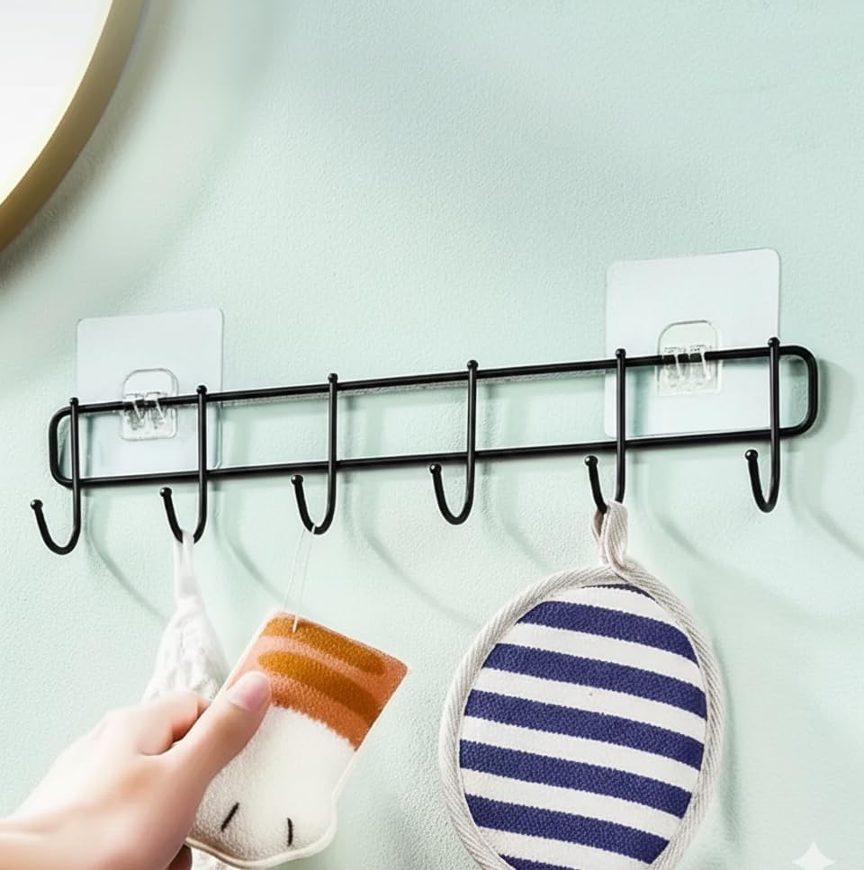 Image of iSTAR Heavy Duty Adhesive Wall Hooks Rack | No Drill Multipurpose Kitchen & Bathroom Organizer | Strong Self Adhesive Hanging Hooks for Towels, Utensils, Clothes, Bags (6 Hooks) - Black