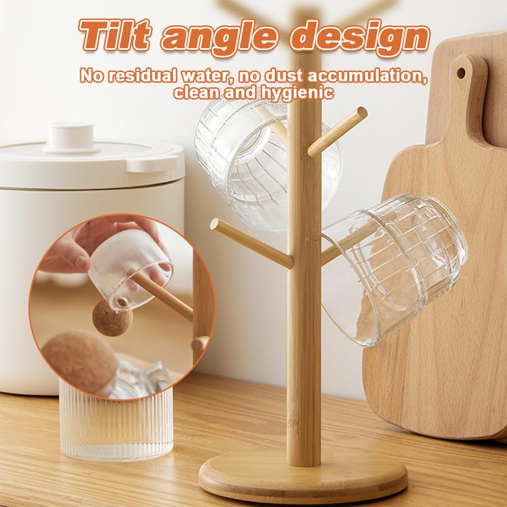 Albero Porta Tazze in Legno, Porta Tazze Caffe, Porta Tazze da Appoggio, Supporto per Albero Della Tazza, Portabicchieri con 6 Ganci e Base Ponderata per Tazza Caffè, Tazza Tè, Controsoffitto (Girare