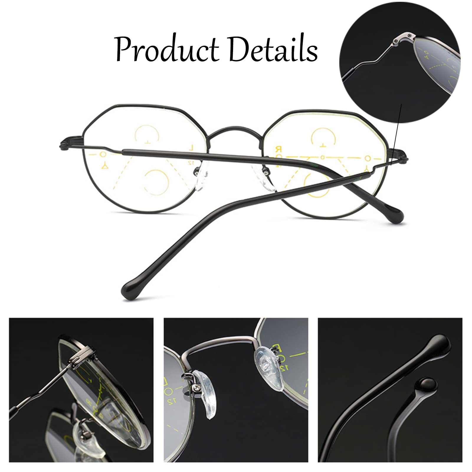 Gafas de Lectura ultraligeras para Hombre, multifoco Progresivo, Marco Irregular Retro, Lector de Edad Avanzada con bisagra elástica +1,0 a + 3,0, Negro-+1,50