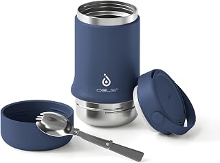 Ideus Recipiente de comida con cuchara plegable, botella de comida aislada de acero inoxidable, 600 ml, para escuela, oficina, viaje, camping, 12 horas caliente, 24 horas de frío (20 oz), color azul