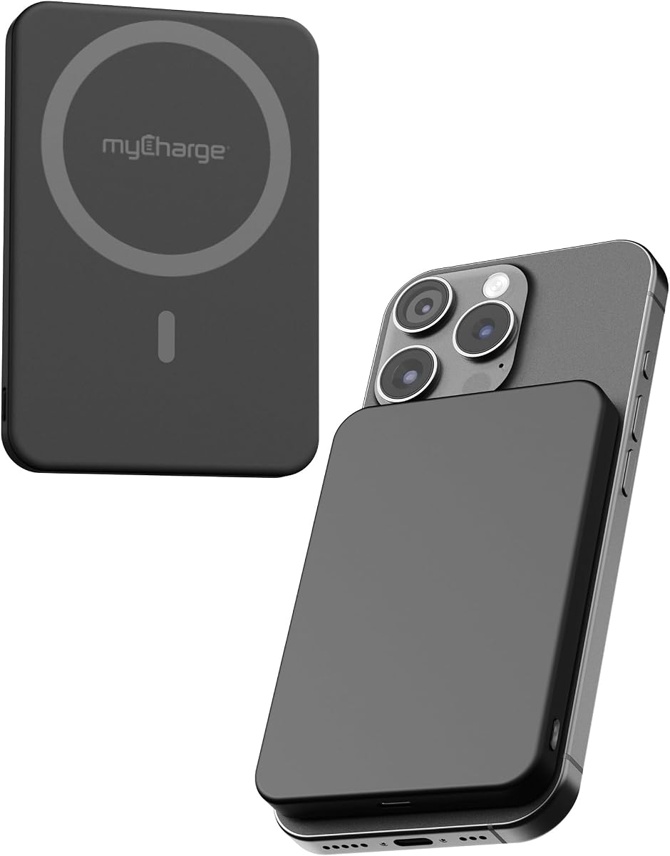 myCharge CliqAir 5000mAh Banco de energía magnético - Diseño ultrafino de 0,3" | Carga inalámbrica rápida Qi2 de 15W | Puerto USB-C PD de 20W | Potente sujeción magnética | Perfecto para viajes, trabajo o uso diario | Negro
