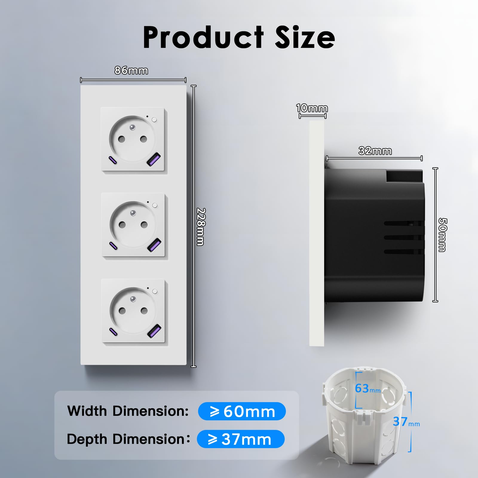 BSEED WIFI Prise Connectée Murale,3 Gang 228 * 86mm Blanc,Prise Encastrable avec USB C Panneau en Plastique,Fonction de Comptage D'électricité,Compatible avec Smartlife/Google Home/Alexa