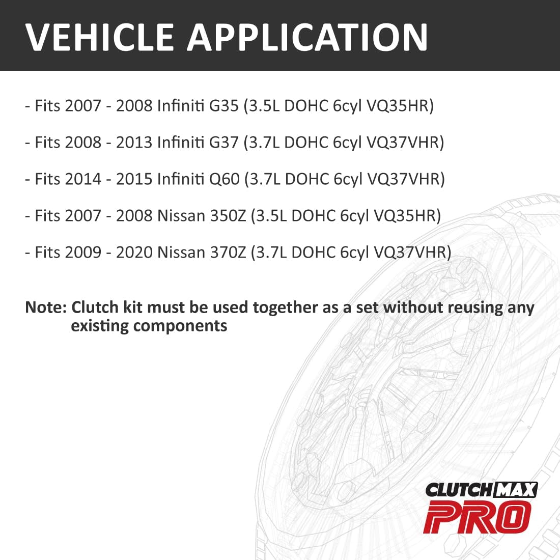 ClutchMaxPRO Heavy Duty OEM Clutch Kit Compatible with 2007 2008 Infiniti G35 2008-2013 G37 2014-2015 Q60 2007 2008 Nissan 350Z 2009-2020 370Z VQ35DE VQ35HR VQ37VHR (CP06082HD-CK)