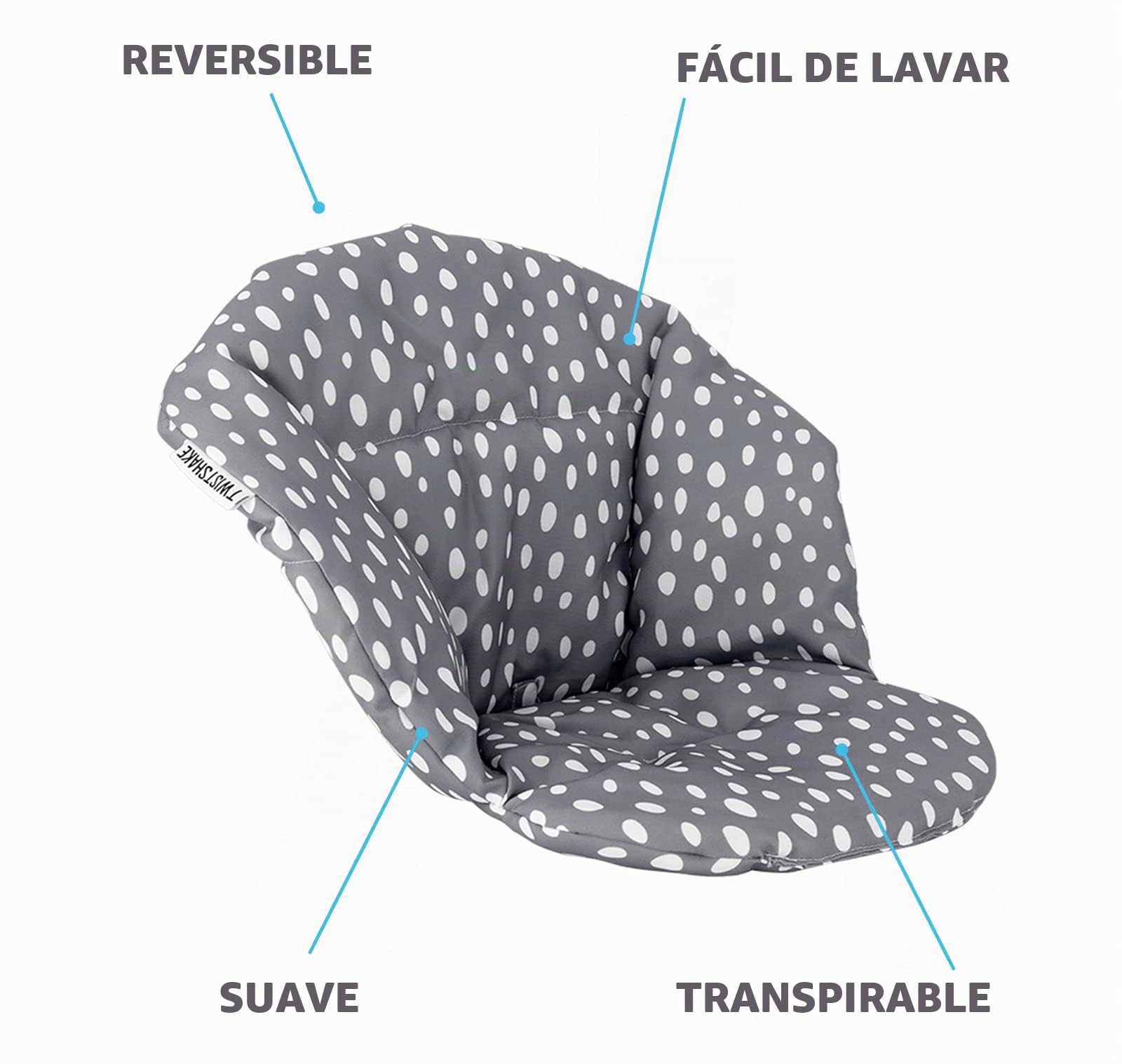 Twistshake Cojín de Algodón con Certificación OEKO-TEX y Cierre de Velcro para La Trona Del Niño, Cojín Súper Suave para La Silla Del Bebé, Fácil de Colocar, Desde 6 Meses Hasta 15 kg, Gris