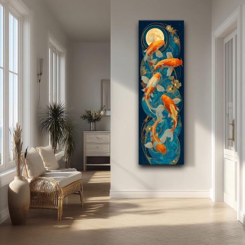 Tableau carpes koï lune bleu or cadre intérieur 55x165cm - 2