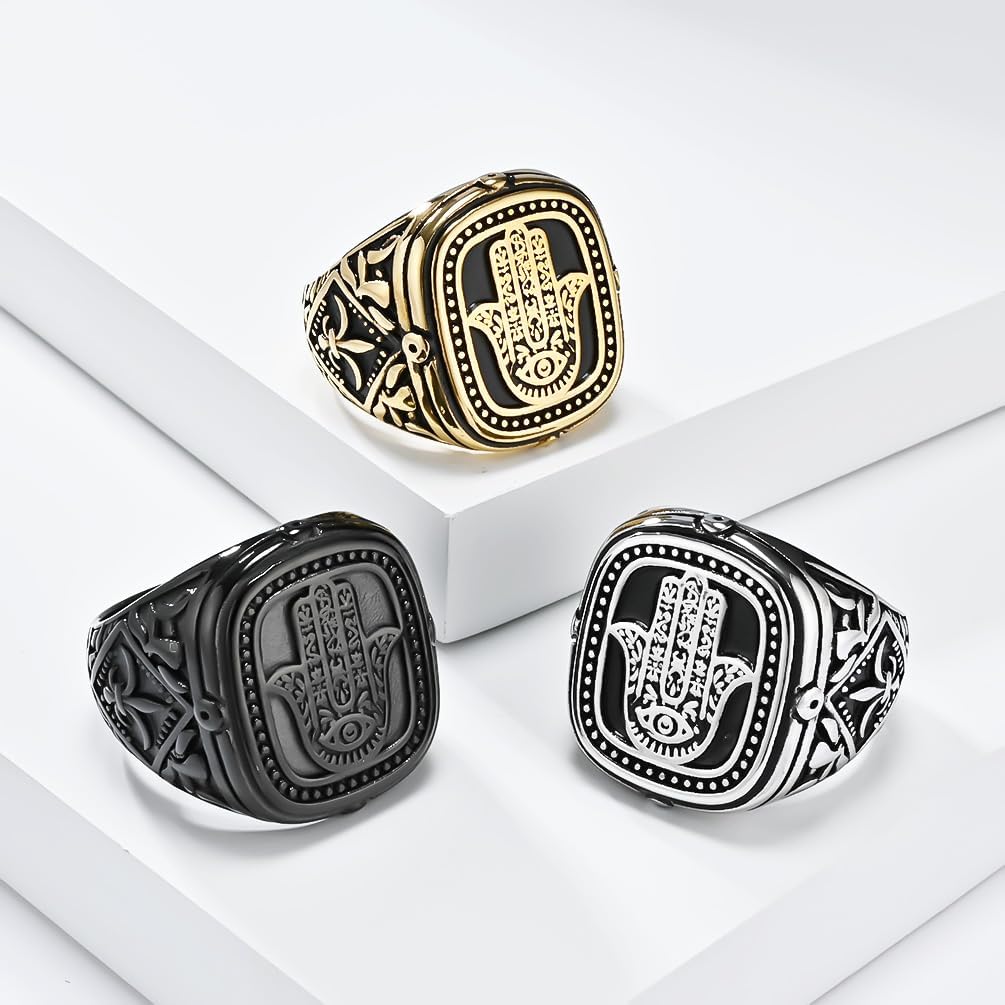 Hand of Fatima Signet Rings Hamsa Ring Stainless Steel Evil Eye Fatima Vintage Jewelry Protection Amulet Brings Lucky Signet Rings for Men Women Christmas Gift