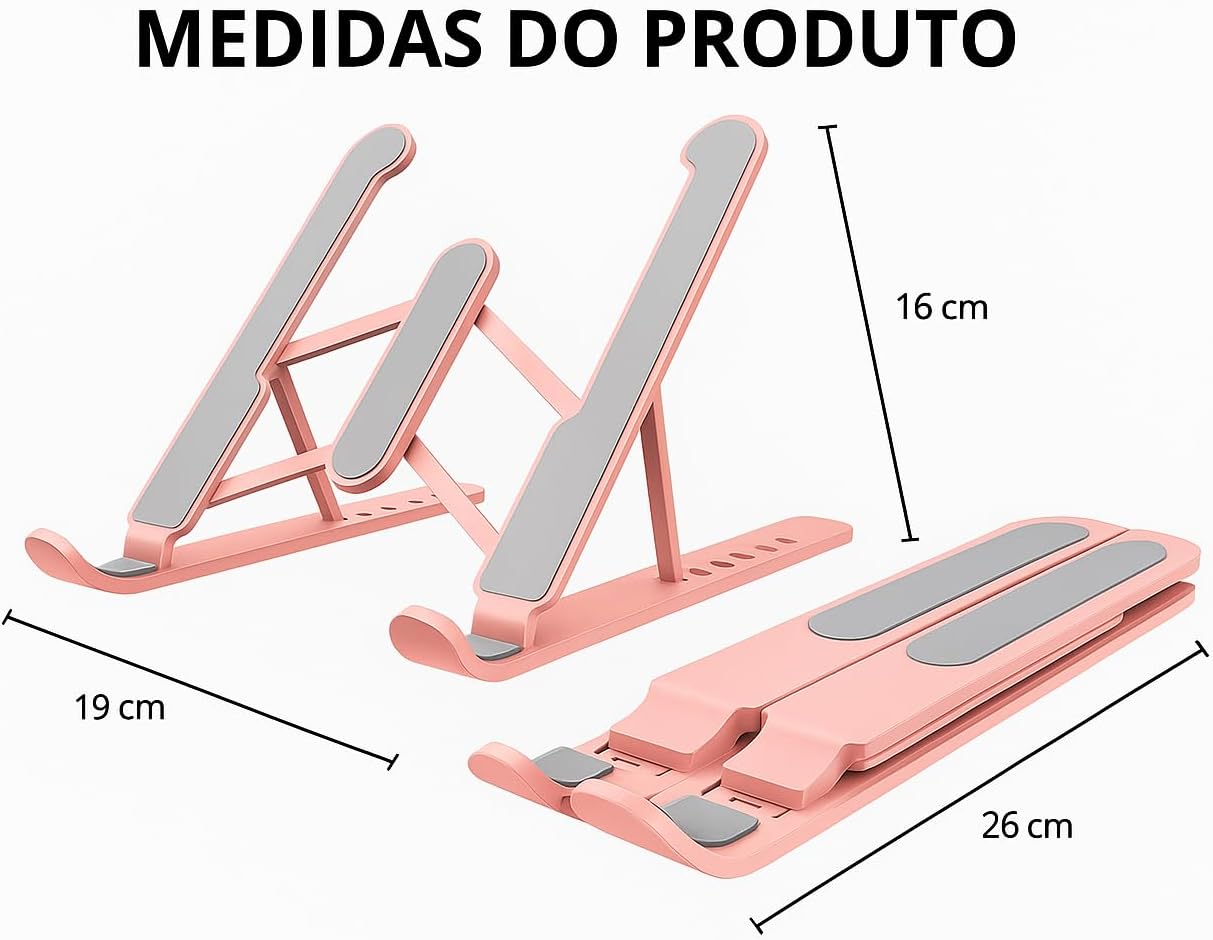 Suporte notebook Ajustável Liga de ALUMINIO, 6 POSICOES, saida de ar, serve para notebook tablet celular qualquer eletronico, Dobrável, com estojo de transporte (Rosa)