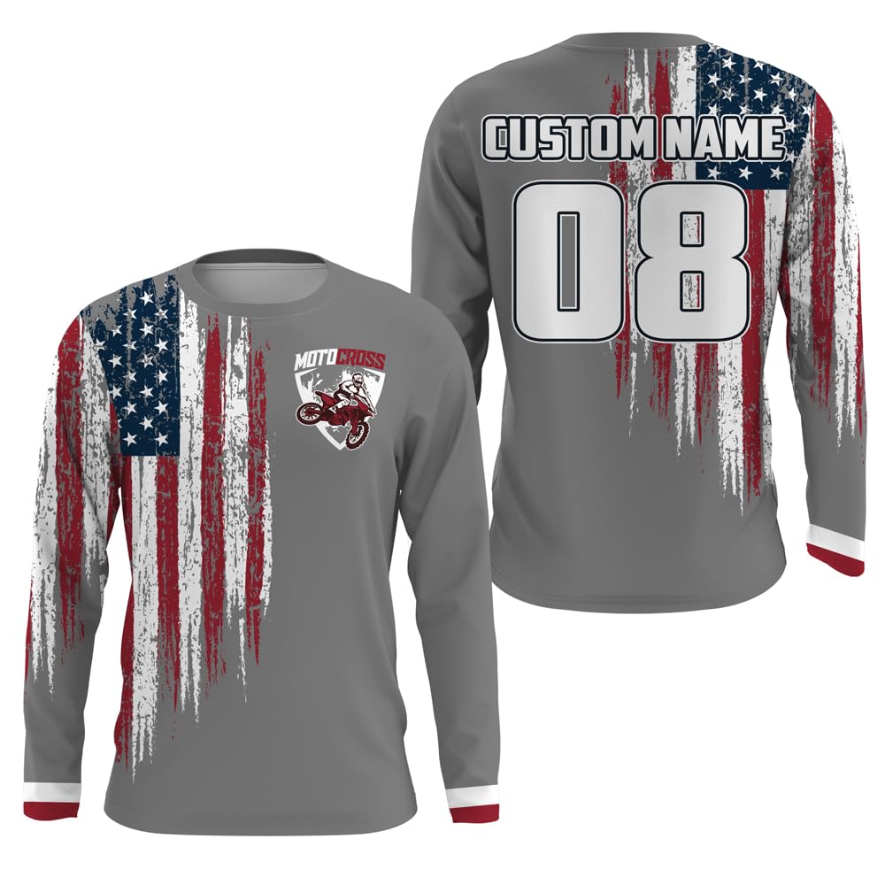 PIONAMZIOZ Personalized American Flag Dirt Bike Jersey Motocross Youth Men Upf30+ Off-Road Patriotic Racing Shirt (US, Alpha, Small, 5X-Large, Regular, Regular, Adult Jersey)