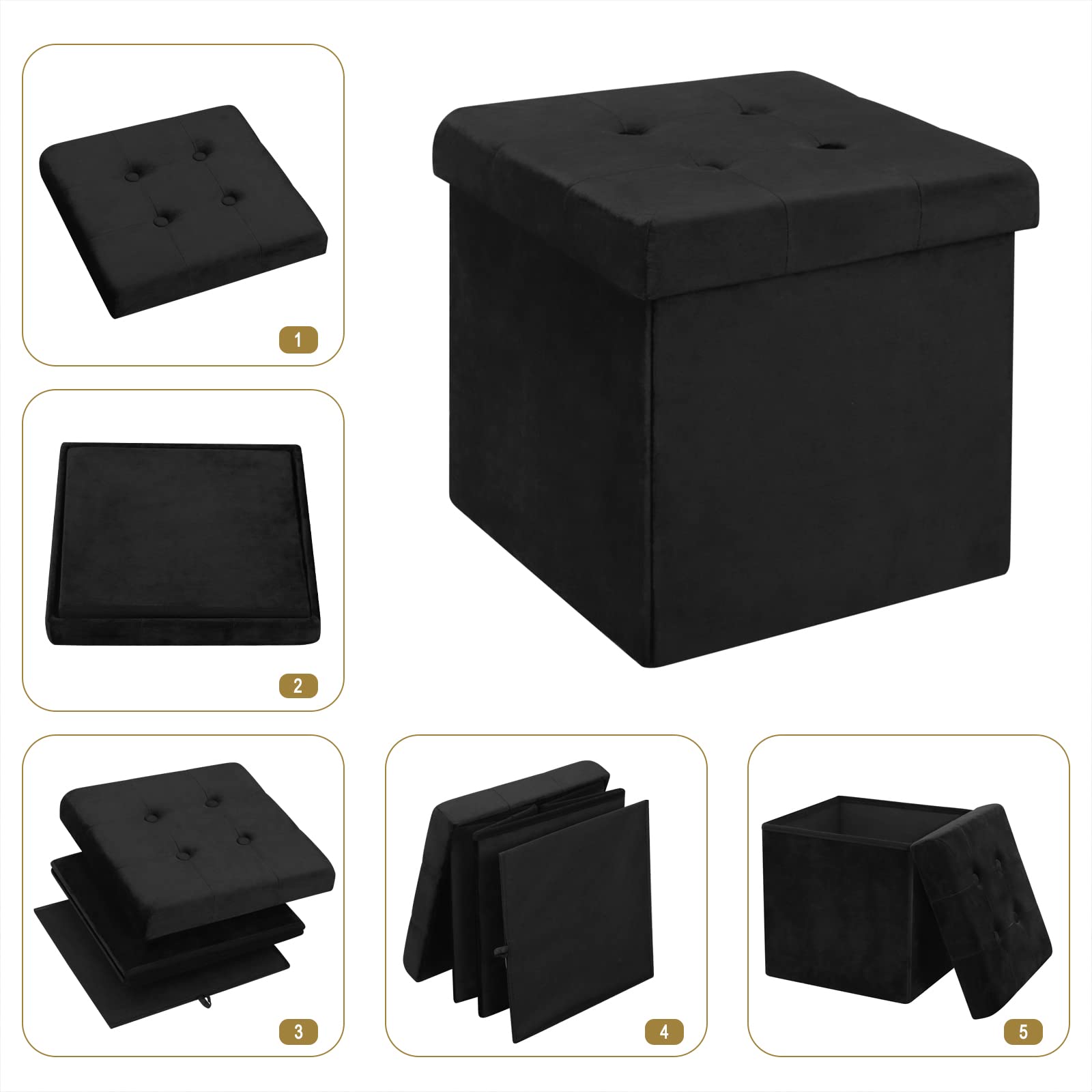 WOLTU Lot de 2 Tabouret Pouf Pliable, Coffre de Rangement Cubique, en Velours, 37,5x37,5x38cm, Noir