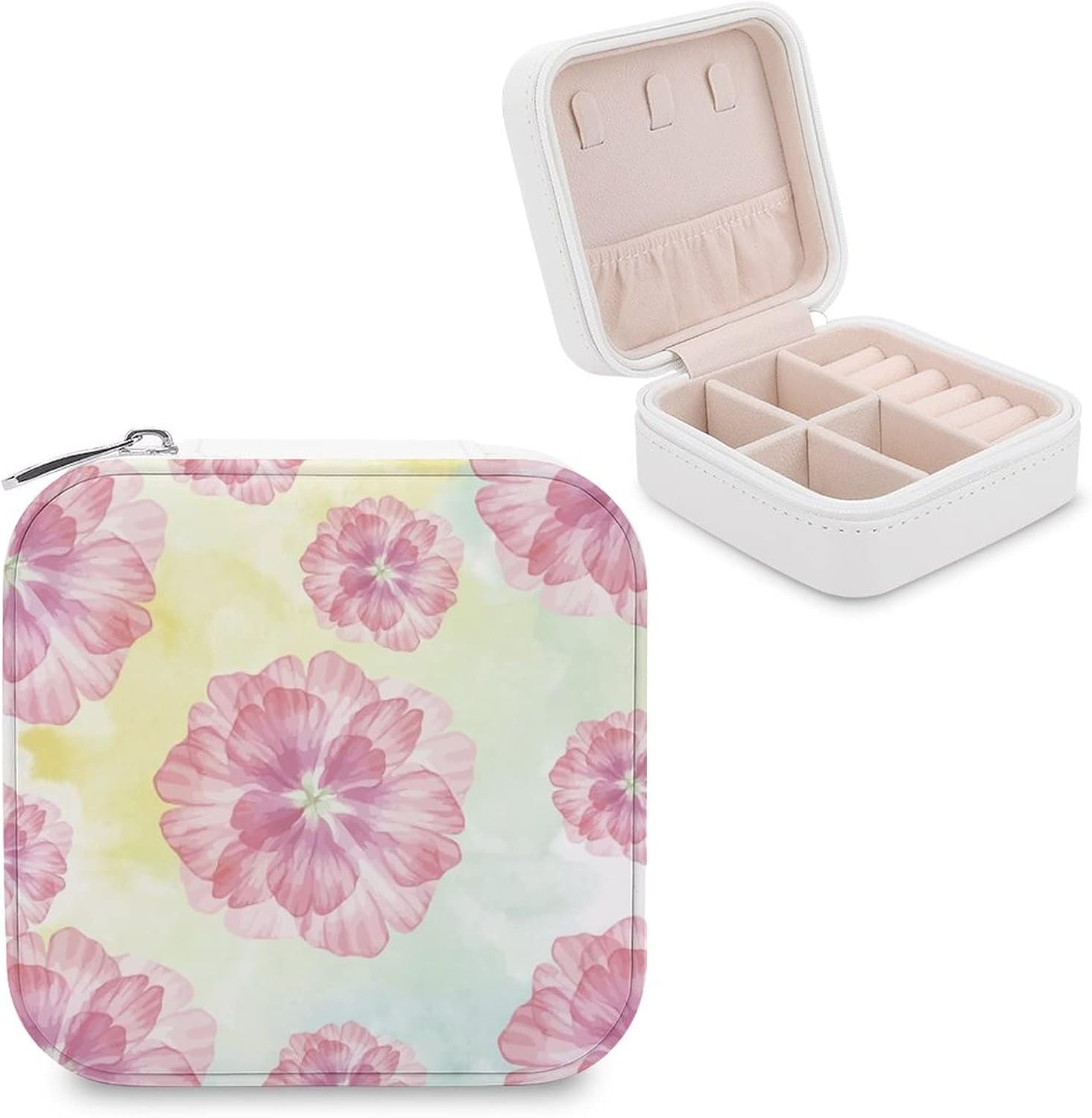 Travel Jewelry Organizer Case, Jewelry Storage Bag for Women Necklace, Earrings, Rings, Bracelet, Gifts for Mom, Girlfriend, Gouache Pink Floral Yellow Green Background