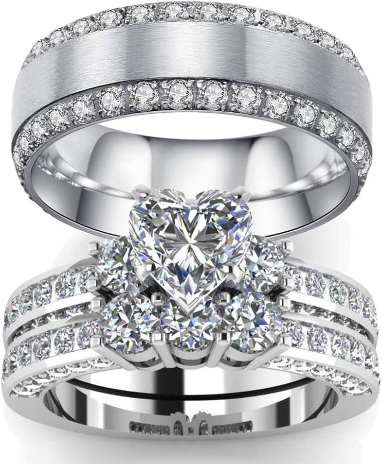 LOVERSRING3pc His and Hers Couple Ring Bridal Set His Hers Women White Gold Plated Heart Cz Man Titanium Wedding Ring Band Set