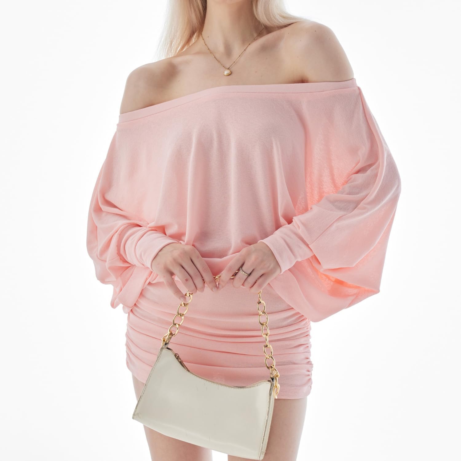 Women's Off The Shoulder Dress Long Sleeve Batwing Mini Ruched Sheer Y2K Oversized Casual Streetwear Sexy Dress - Image 4
