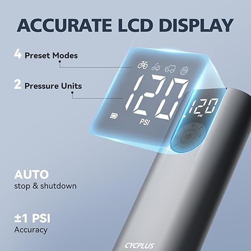Miniatura 5 de CYCPLUS Inflador de neumáticos, compresor de aire portátil, bomba de aire inalámbrica de 150 PSI con medidor de presión de pantalla LCD digital,