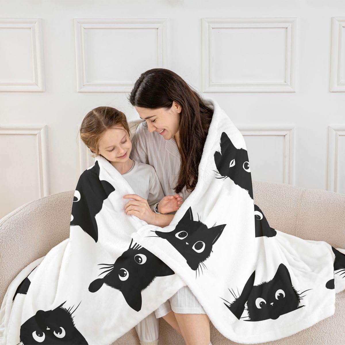 Erosebridal Cute Cat Fleece Blanket Queen 90x90 for Kids Boys Girls (Black and White) - Funny Black Cats Sherpa Blanket Cartoon Kitten Animal Fuzzy Plush Throw Cute Cat Decor