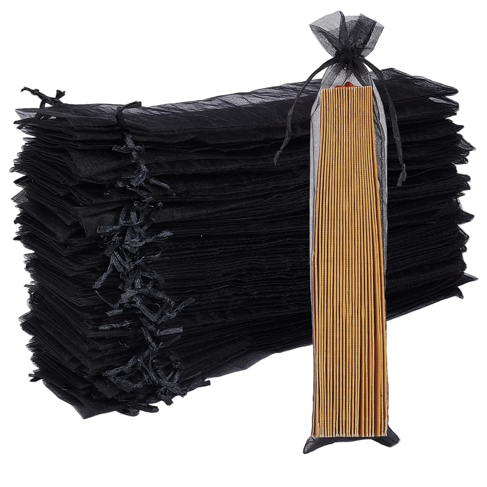 GORGECRAFT 100Pcs Folding Fan Drawstring Bag 6x26cm Long Decorative Mesh Tulle Hand Fan Pouch Gift Packaging Bags for Wedding Party Favor Gift Wrapping Jewelry Candy Pens Flowers Storage Black