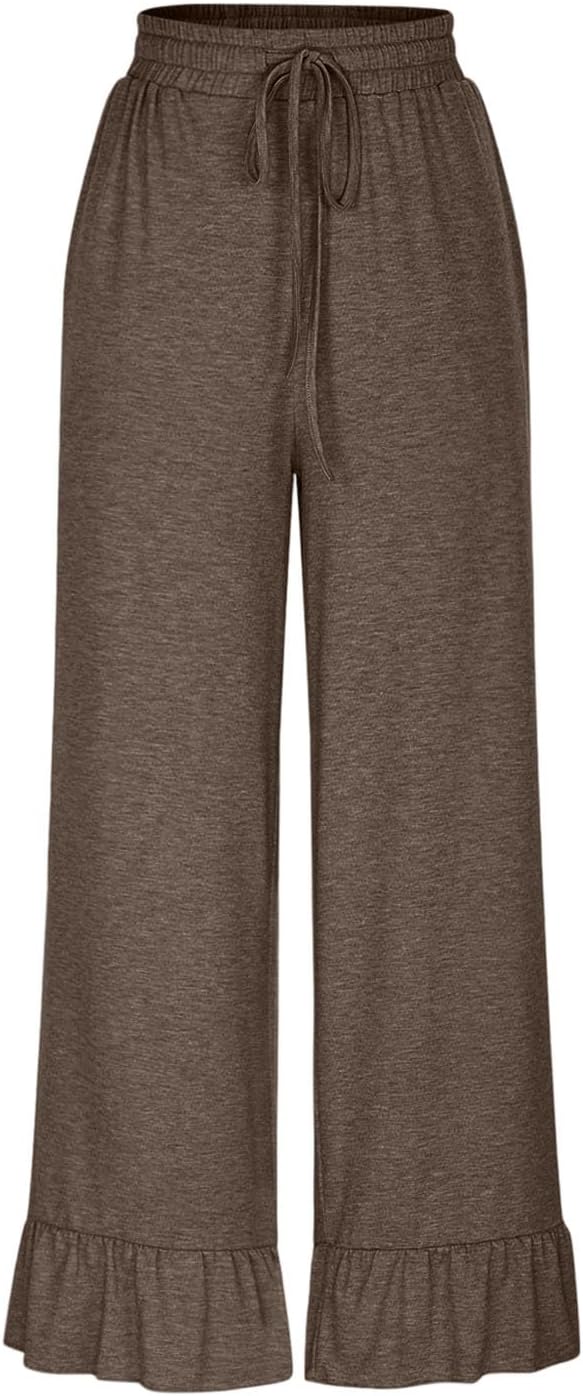 Womens Casual Palazzo Pants Ruffle Hem Wide Leg Trousers Drawstring High Waist Baggy Loose Fit Lounge Pants Pockets
