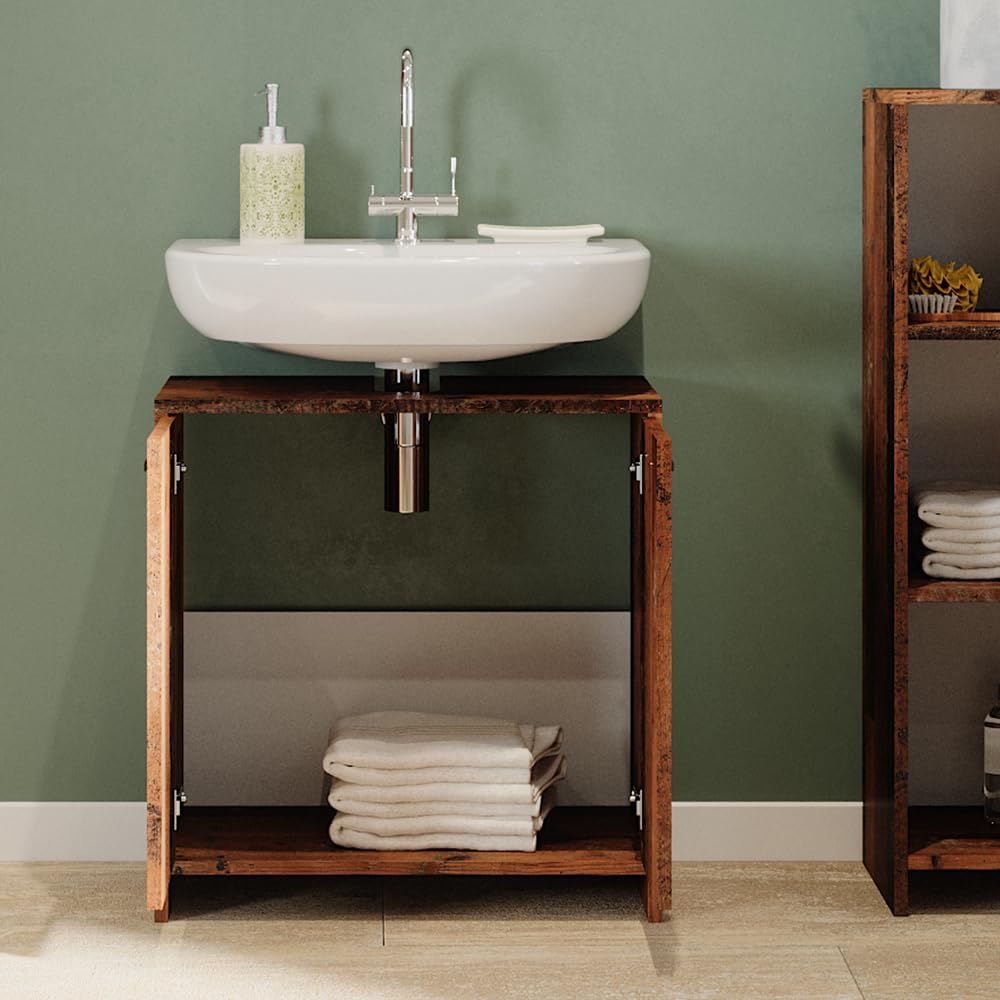 Vicco Mobile sottolavabo per bagno Kiko, Rovere rustico, 58 x 60 cm, con ritaglio per sifone e spazio di stoccaggio per l’organizzazione del bagno