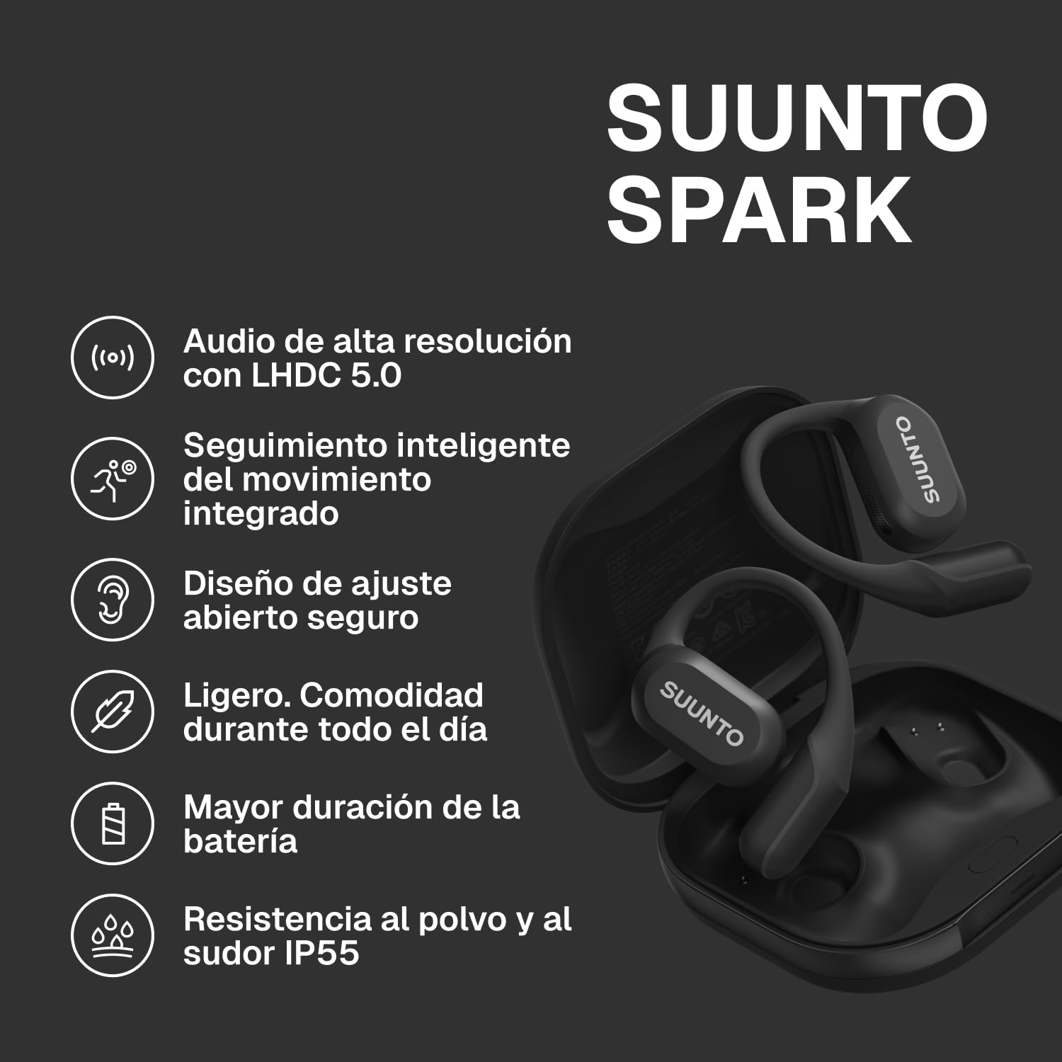 SUUNTO Spark Auriculares Abiertos de conducción ósea IP55 | 36 horas de reproducción, Bluetooth 5.4, control de movimiento de la cabeza, app SUUNTO