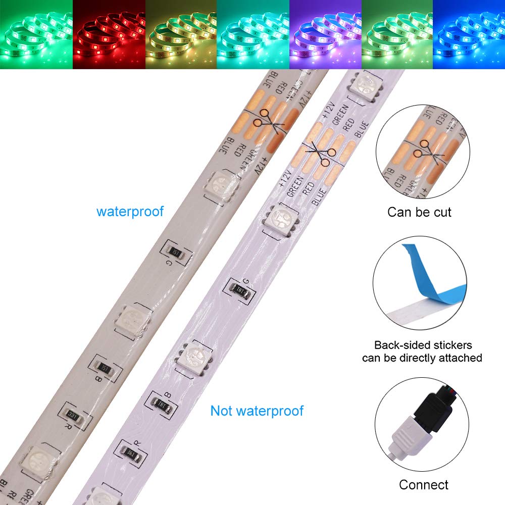 XUNATA Kit de Tira de LED RGB de Música de 12 V versión WiFi- Tira de luz Autoadhesiva SMD 5050 30LEDs/m, Control remoto, Fuente de Alimentación (15m, Impermeable)