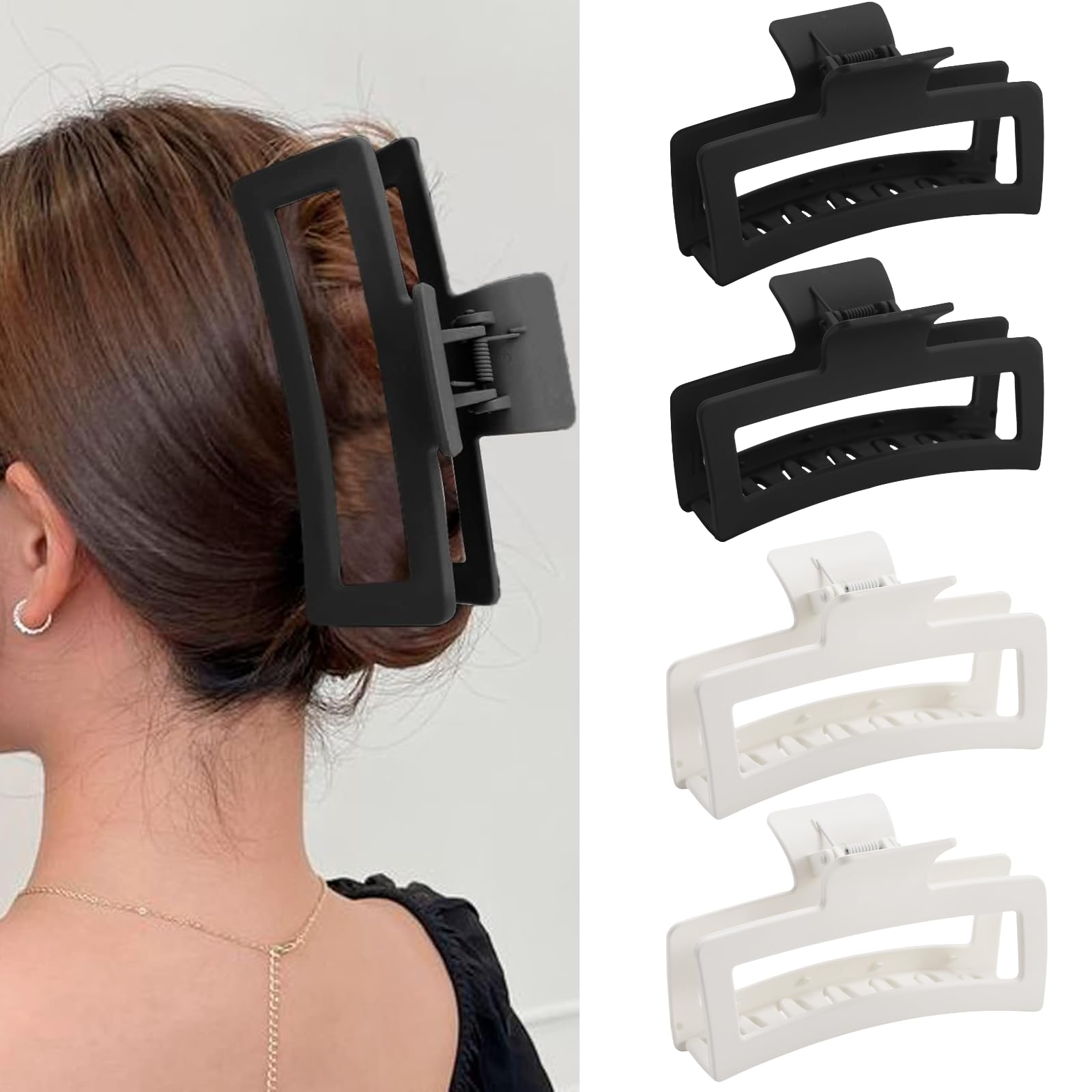 5 Inche Black and White Extra Large Claw Clips for Thick and Long Hair, 4 Pack Xl Jumbo Oversized Matte Non-slip Rectangle Hair Clips for Women, Big