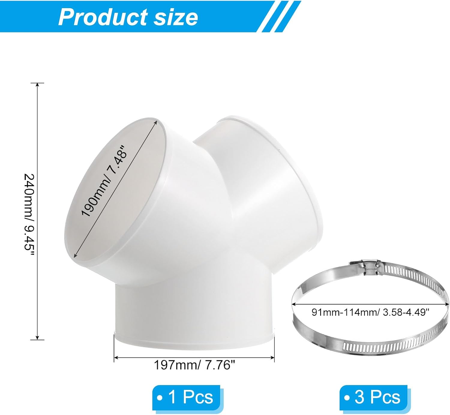 PATIKIL 8 Inch 3 Way Duct Connector, 45 Degree PVC Y-Shape Ducting Splitter Air Vent Duct Hose Exhaust Pipe Adapter Dust Collection Fitting with 3 Pcs Hose Clamps for HVAC Dryer Systems