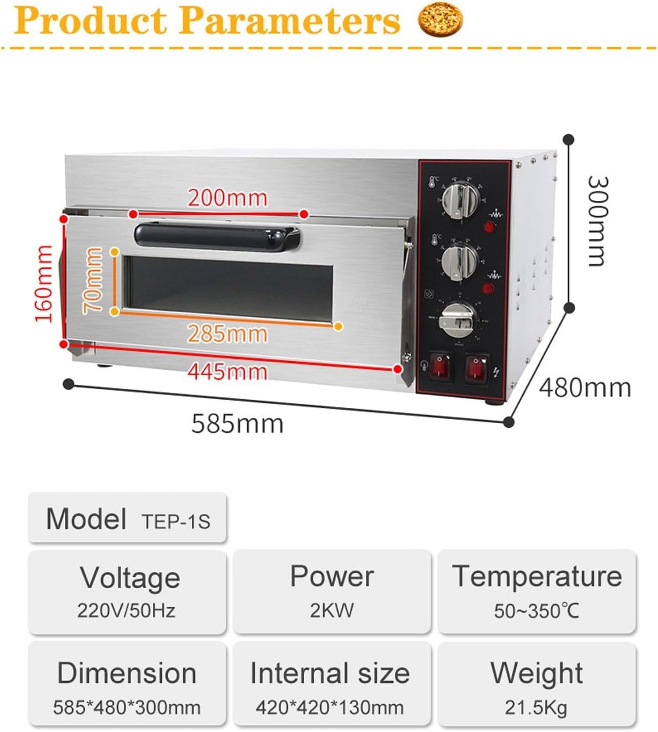 Forno elettrico for pizza commerciale, macchina for pizza in acciaio inossidabile da banco da 2000 W, temperatura regolabile da 50 a 350 ℃ e timer da 0 a 60 minuti, cuoci pizza da 16 pollici, tacchino