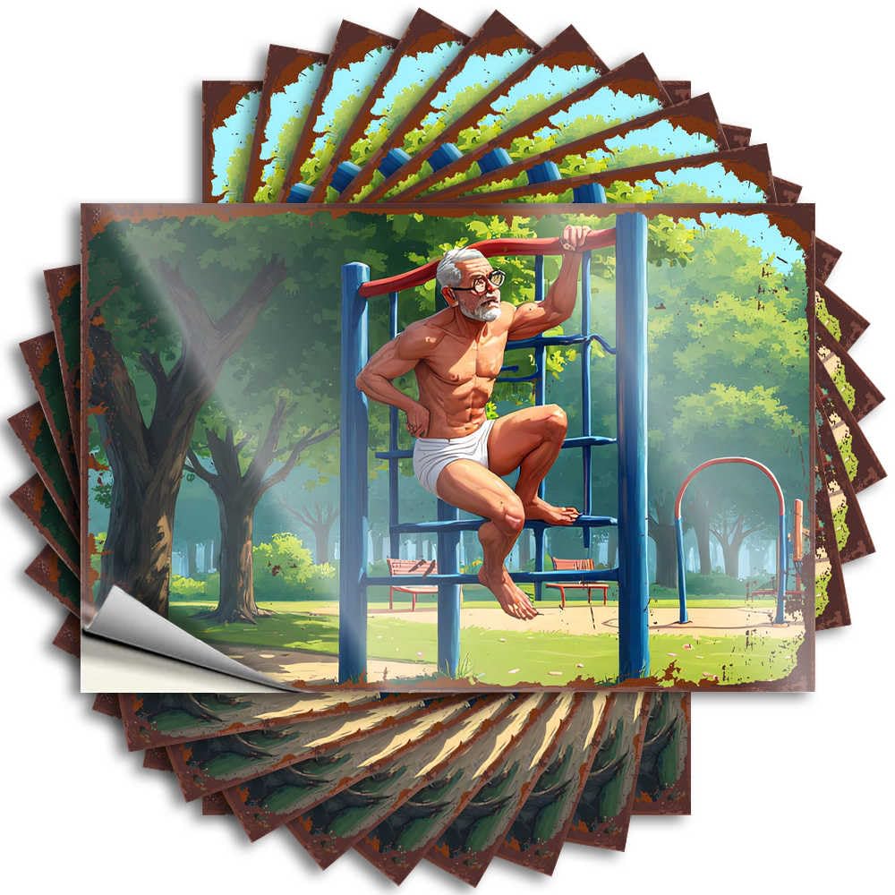 Bumper Door Plastic Muscular Senior in Park Workout Routine for Sand - Boys Bedroom Decor Easy Peel Removable(12X18CM)