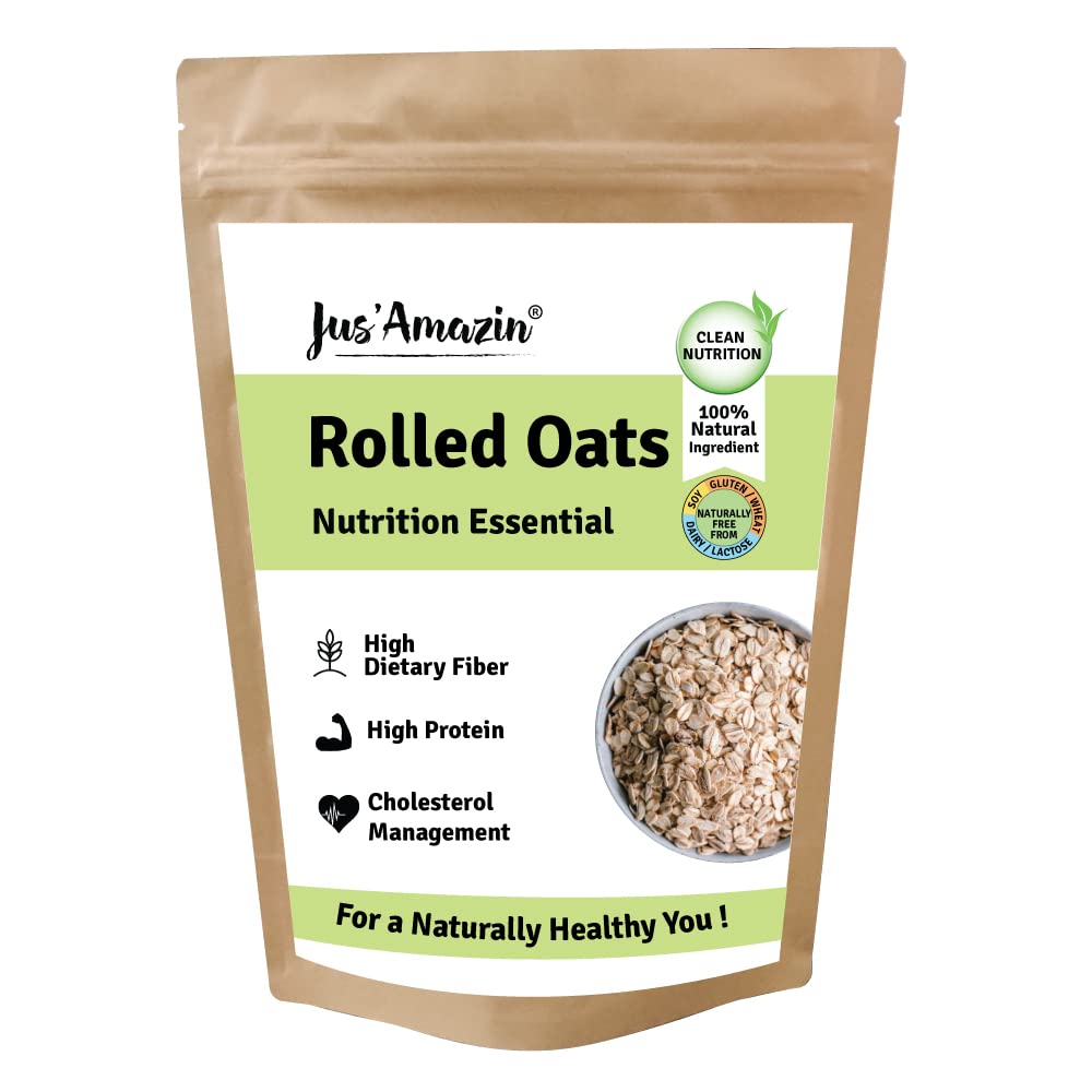 Jus' Amazin Rolled Oats (1Kg) | High Protein | with Beta Glucan Fiber | Cholesterol Management | Naturally Gluten Free | Clean Nutrition | 100% Natural