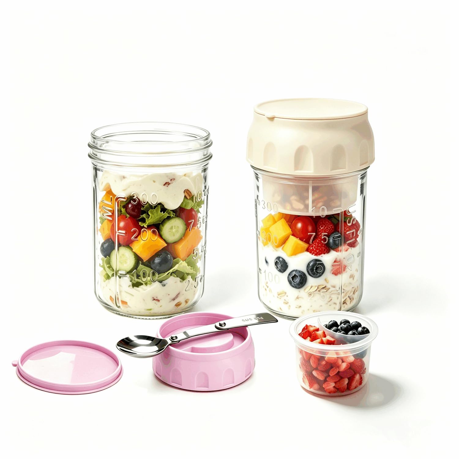 Overnight Oats Containers with Lids and Spoon 2 Pack, 16oz Leakproof Glass Over Night Mason Jar with Seperate Compartment for Fruit &amp; Nut, Sugar Packet Holders Yogurt Chia Seed Pudding Meal Prep