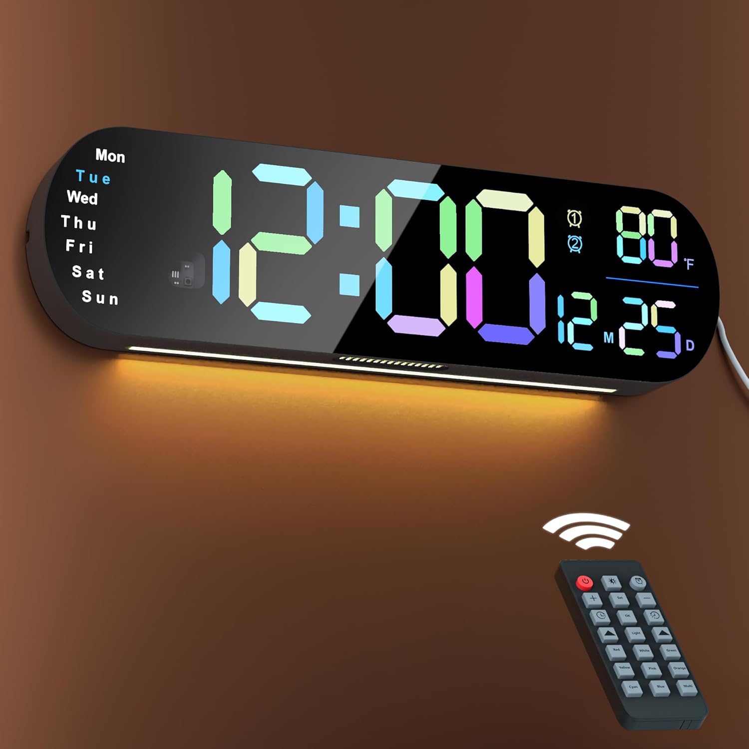 Comzler13.7 Inch Wall Clocks, Large Digital Wall Clock with Timer Remote Control Automatic Brightness Dimmer RGB Night Light Dual Alarm, Wall Clocks for Living Room Decor, Decor, Gift, Colorful
