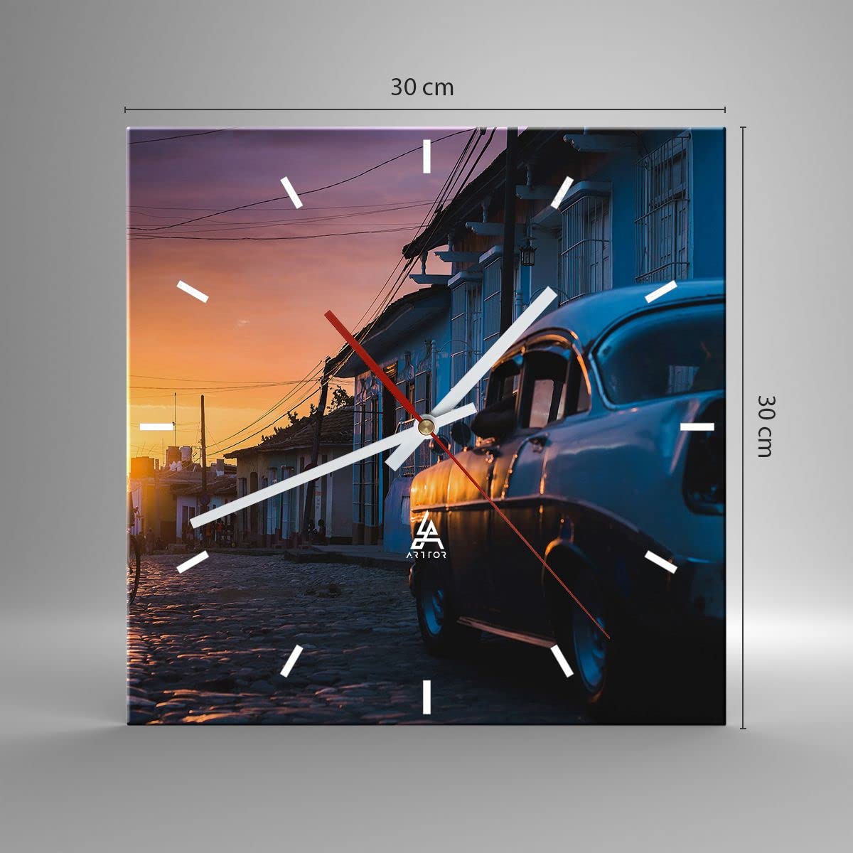 ARTTOR Zegar ścienny na szkle ulica samochód dom Nowoczesny 30x30 cm Dekoracja ścienna Salon Sypialnia Kuchnia Deko Cichy zegar na ścianę Duży Wall Clock Dekor C3AC30x30-3459