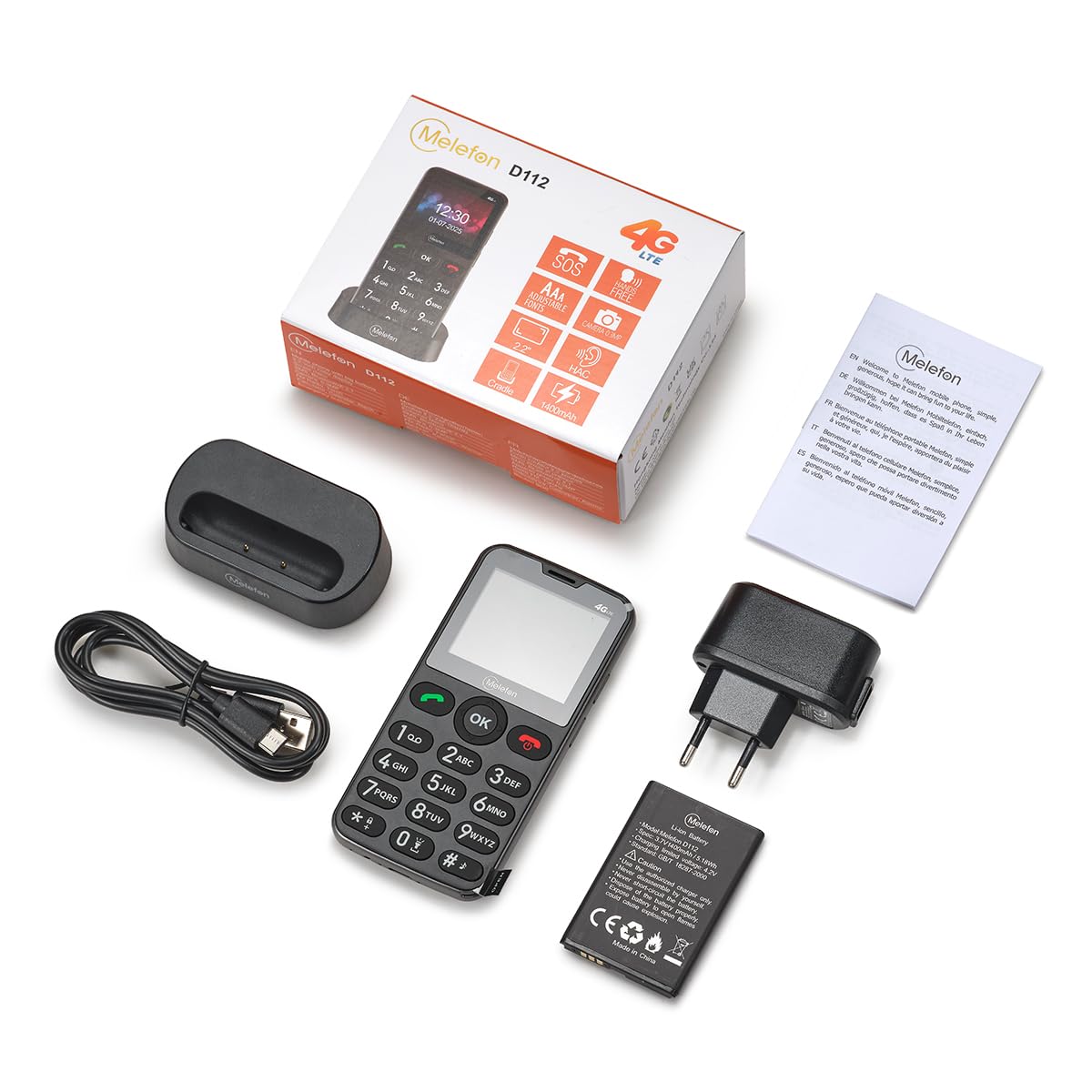 4G Seniorenhandy mit Großen Tasten, Mobiltelefon Ohne Vertrag, 2,2 Zoll Farbdisplay, 1400 mAh Akku Lange Standby-Zeit, USB-C, Ladestation, Rentner Senioren Handy Einfach mit SOS-Taste