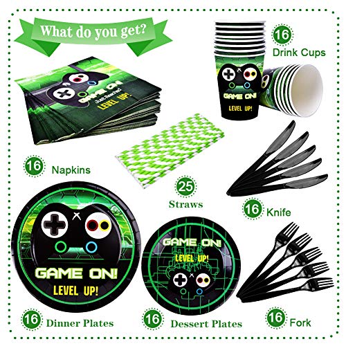 Video Game Party Supplies-Gamer Birthday Party Supplies Including Gaing Paper Plates,Cups,Napkins, Straws And Happy Birthday Banner For Boy Gamer Birthday Party Decoration