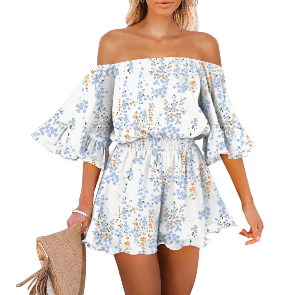 Pink Queen Damen Trägerlos Boho Jumpsuit Mini Kleid Rüschen Strampler Shorts Schulterfrei Sommer Spielanzug Blau L