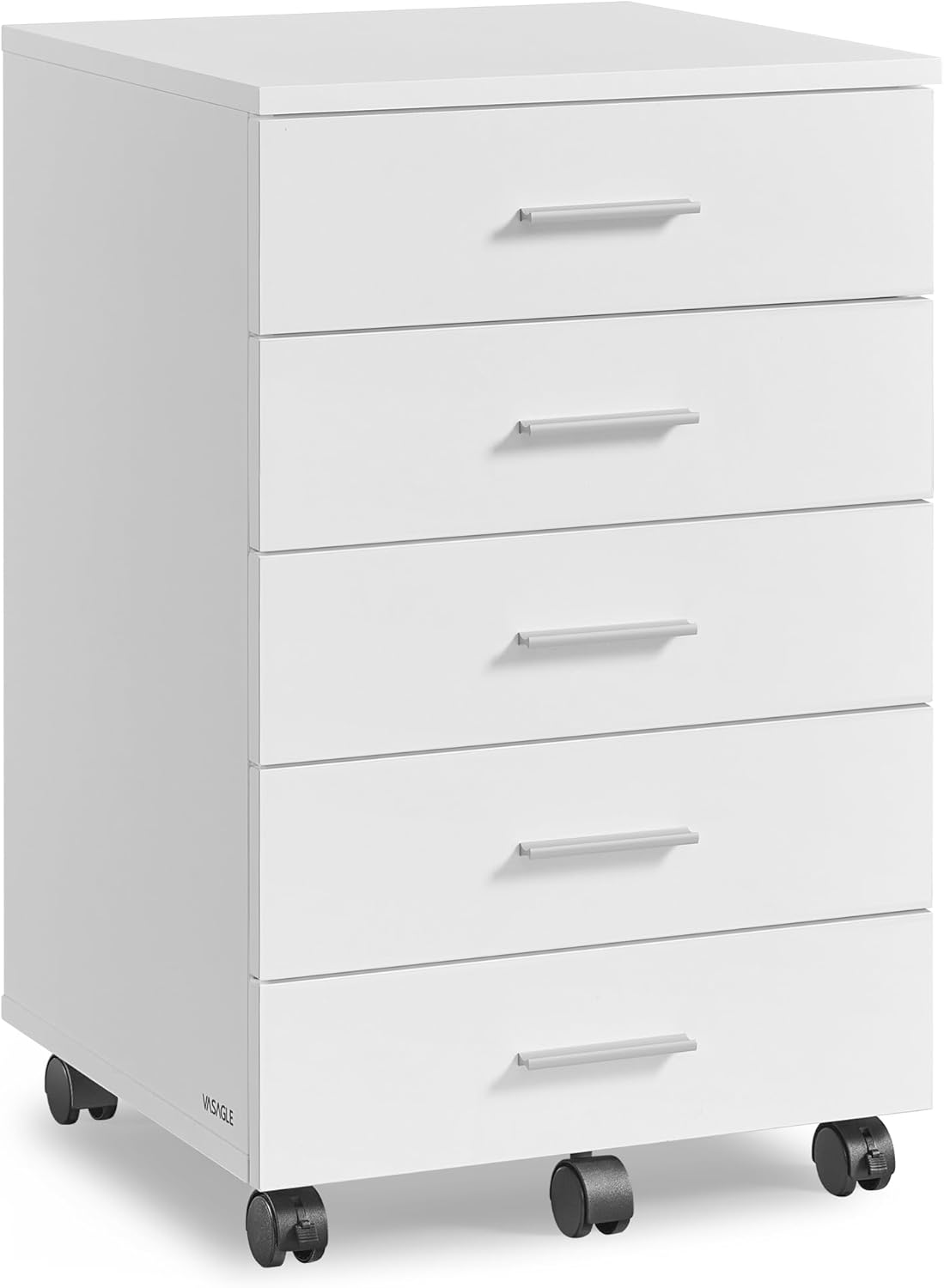 VASAGLE Rollcontainer, mobiler Aktenschrank, Schubladenschrank, Druckerständer mit 5 Schubladen, mit schraubenlosen Gleitschienen, für Büro, Homeoffice, wolkenweiß OFC081W01