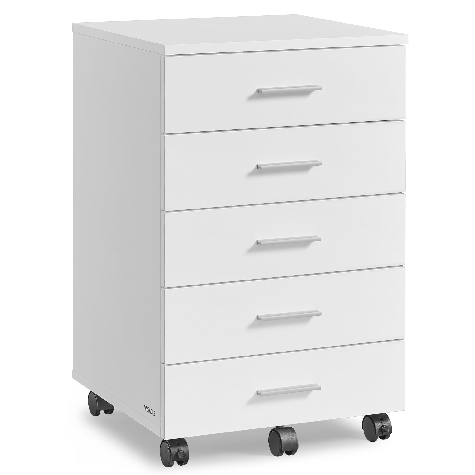 VASAGLE Rollcontainer, mobiler Aktenschrank, Schubladenschrank, Druckerständer mit 5 Schubladen, mit schraubenlosen Gleitschienen, für Büro, Homeoffice, wolkenweiß OFC081W01