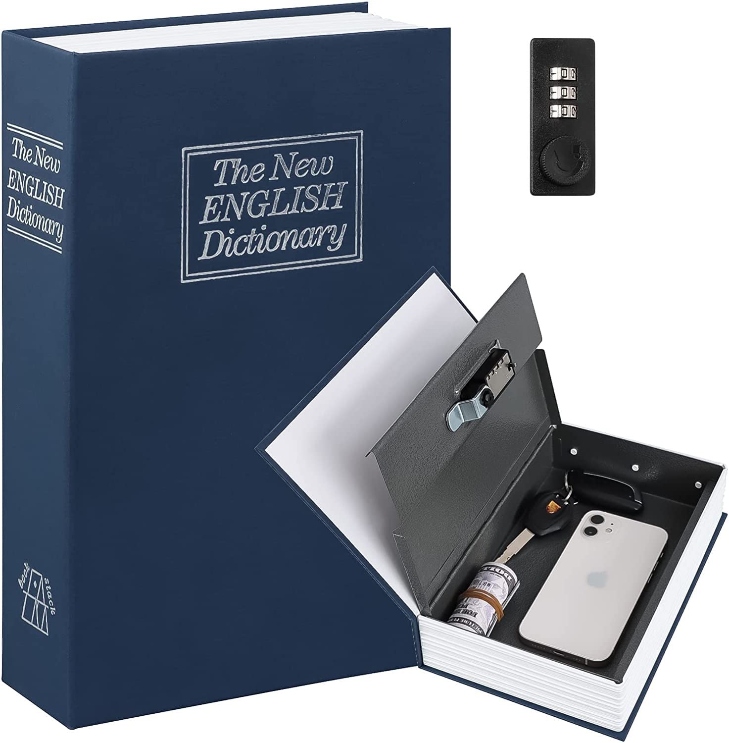 Alloy Steel Book Safe with Combination Lock, Dictionary Diversion Book Safe, Portable Safe Box,Cash, Jewellery, Kids, Money and Passport,Diamond ring Etc (Large- 24 * 15.5 * 5.5 cm, Blue)