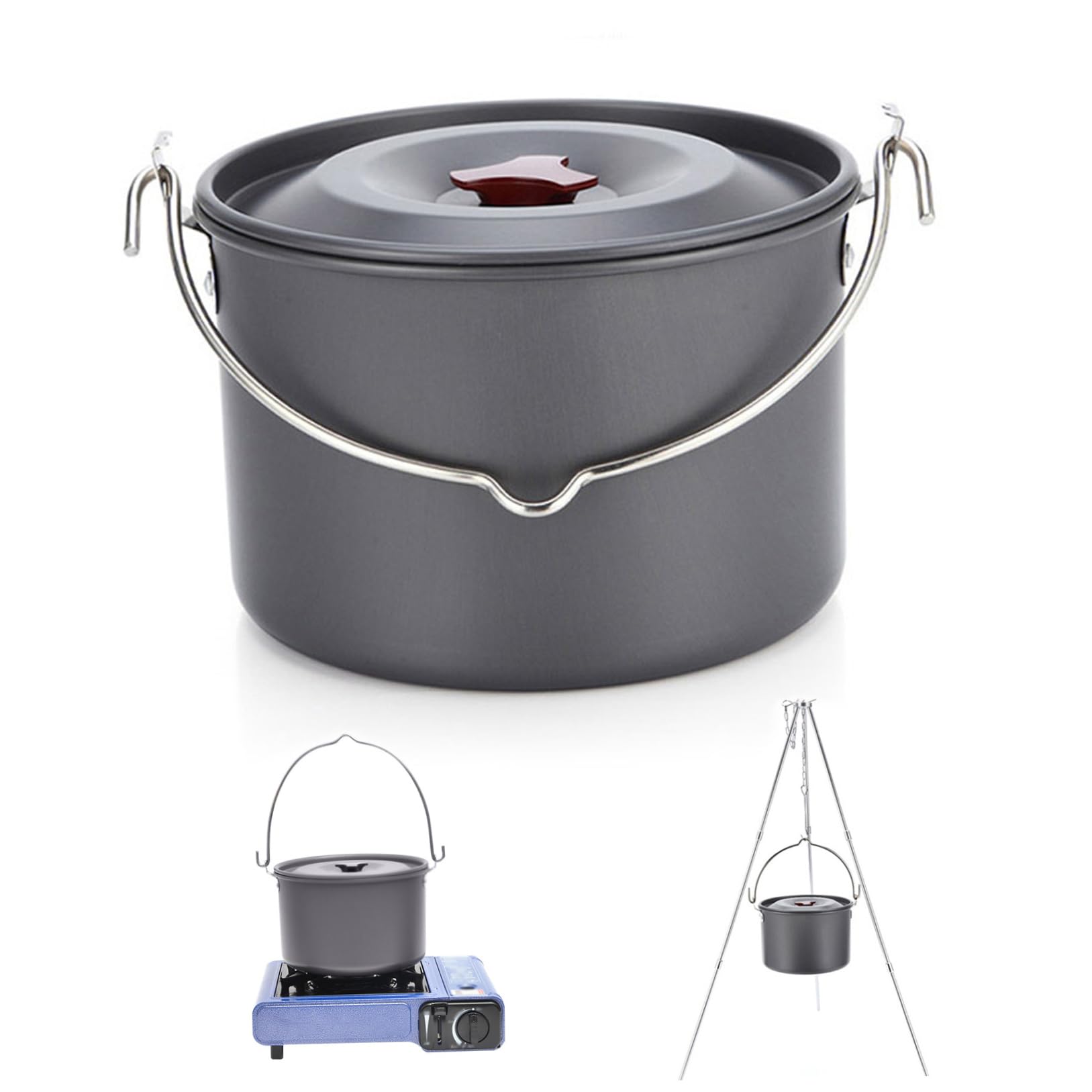 Jorzer Pentole da campeggio Pentola da campeggio con coperchio da appendere 4l rotonda portatile leggera antiruggine pentole attrezzature da cucina per self-driving Tour BBQ Picnic