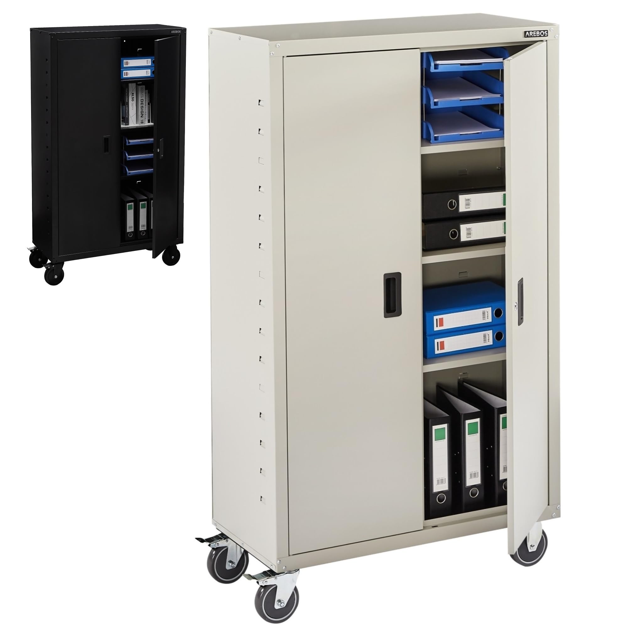Arebos Aktenschrank | Büroschrank | inkl. 4 Rollen-Set | 155 x 90 x 40 | 2 Türen | mit 3 Höhenverstellbaren Einlegeböden | mit Zylinderschloss | Grau