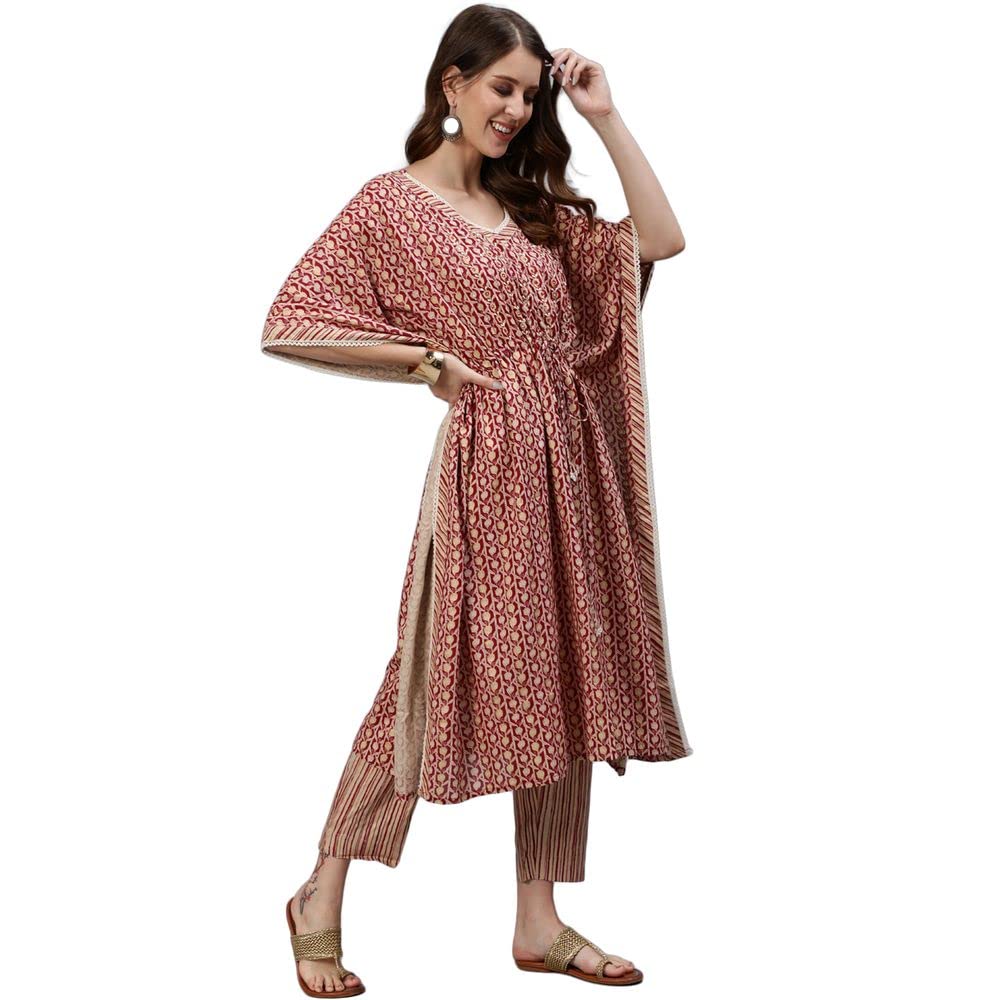 Anubhutee Women Red Printed Sequinned Kaftan Cotton A-Line Kurta Suit Set With Pants (Anu2001952L)