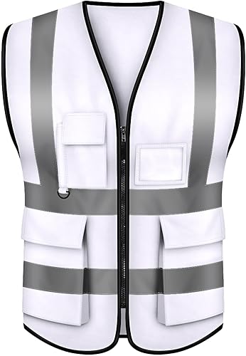 TOPTIE Chaleco de seguridad blanco, chaleco de comando de incidentes con 5 bolsillos y tiras reflectantes de alta visibilidad de 2 pulgadas