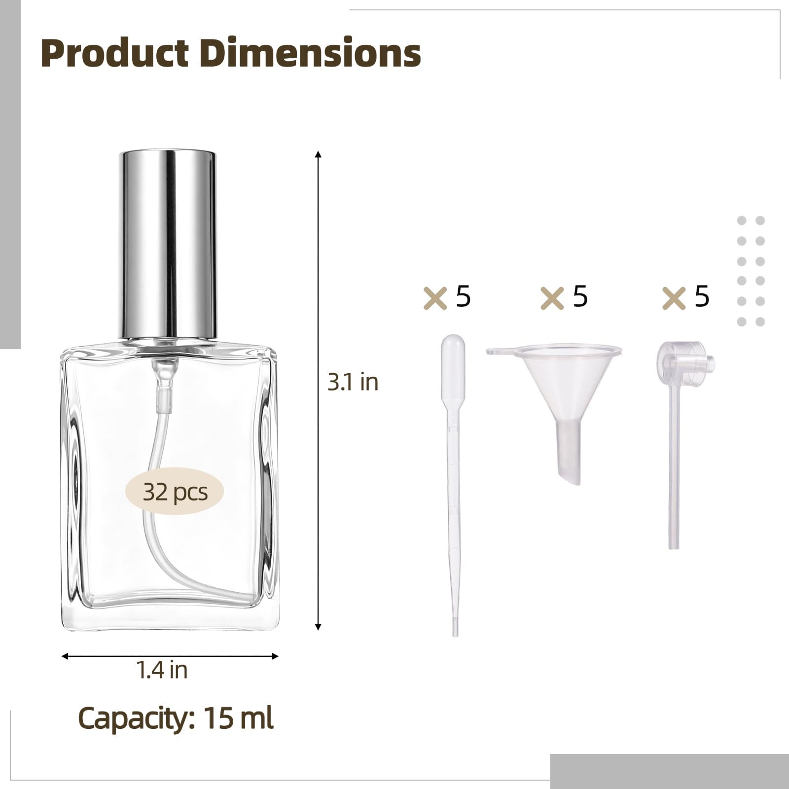 32 Stk. Glas-Parfüm-Sprühflaschen mit 15 Dosierhilfen, 15 ml Mini nachfüllbare Parfümzerstäuber-Flasche, feiner Sprühnebel Reise-Glasbehälter für Kosmetik, ätherisches Öl